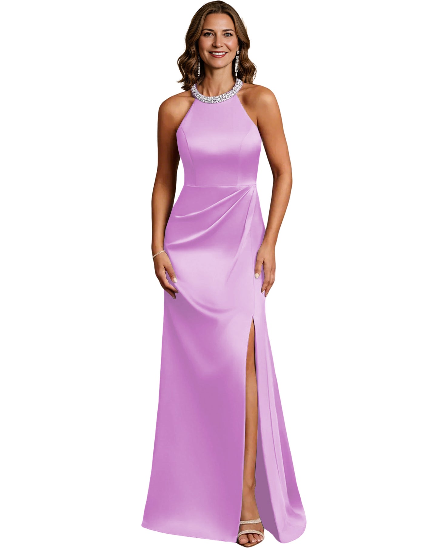 Halter Neck Mother of the Bride Dress Satin Mermaid Gown with Beaded Collar and Slit