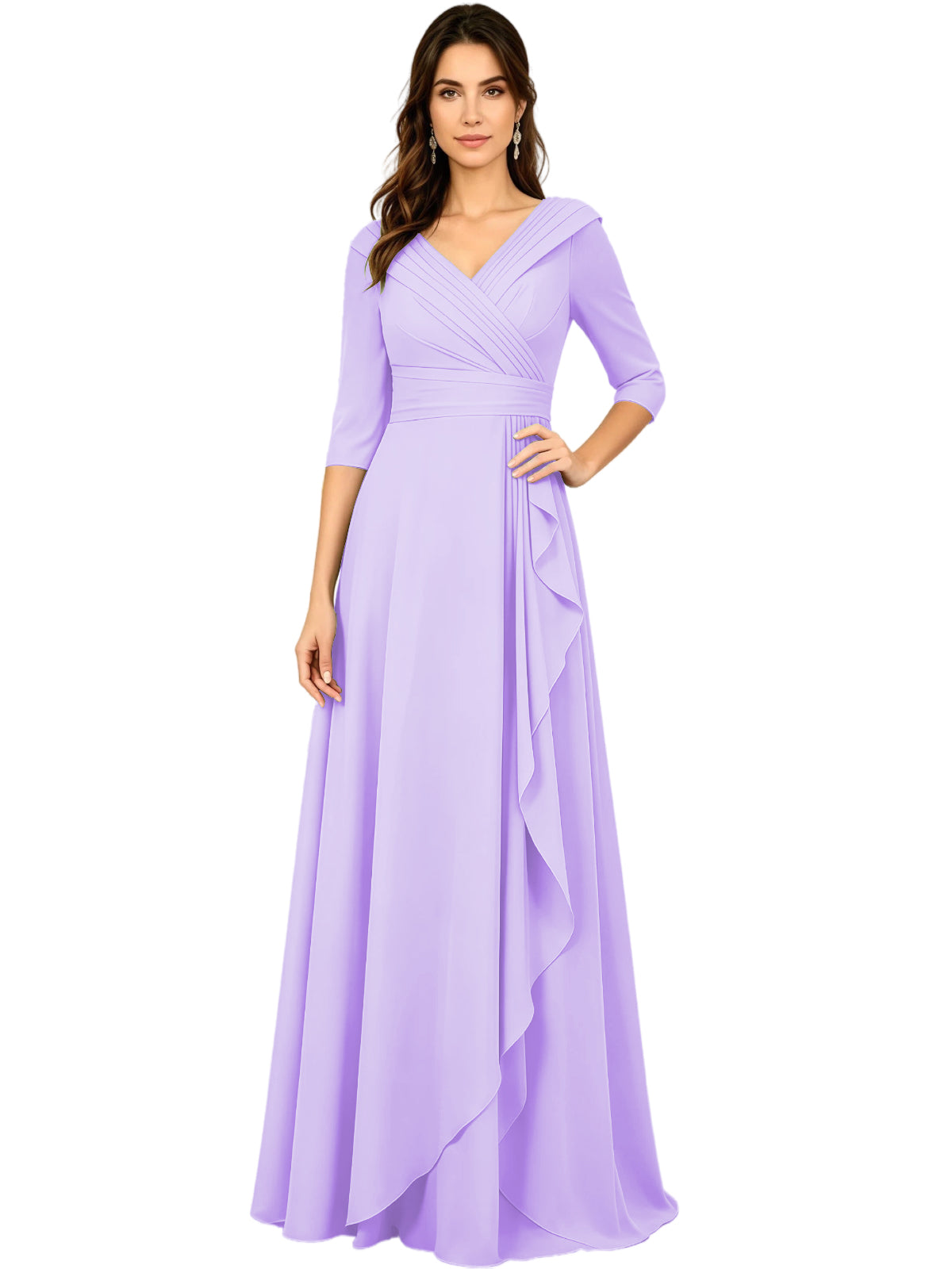 Long V-Neck Mother of the Bride Dress Chiffon Half Sleeve A-Line Gown with Side Ruffle