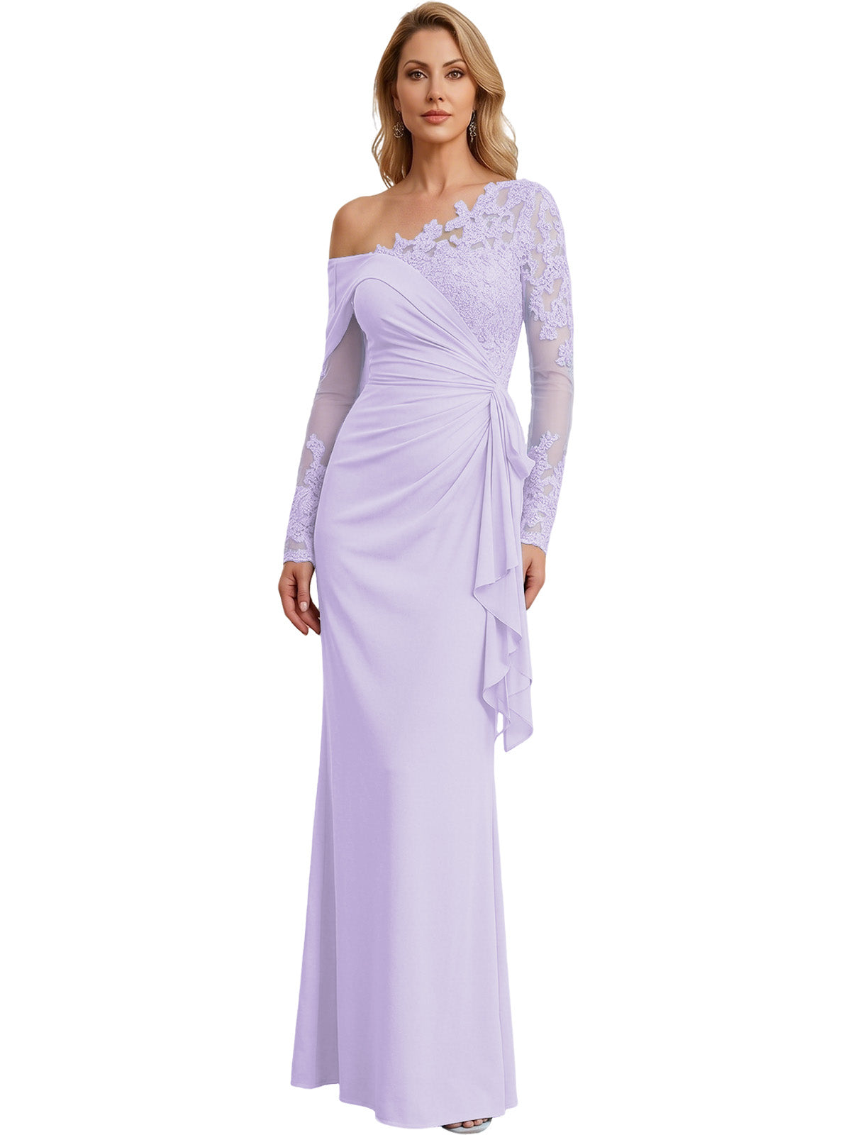 One Shoulder Mother of the Bride Gown Long Lace Sleeve Mermaid Dress with Draped Ruffle