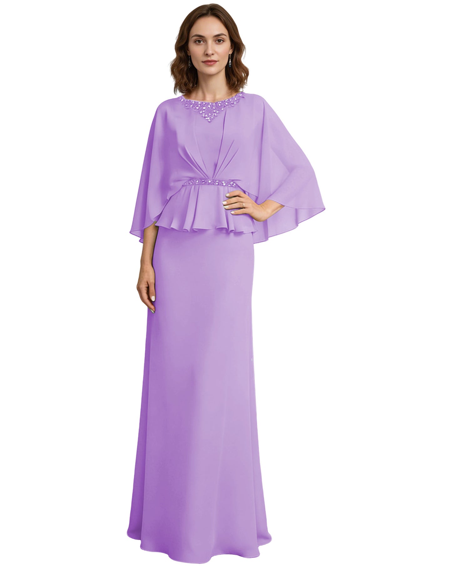 Capelet Mother of the Bride Dress Long Beaded Neck Peplum Chiffon Formal Gown