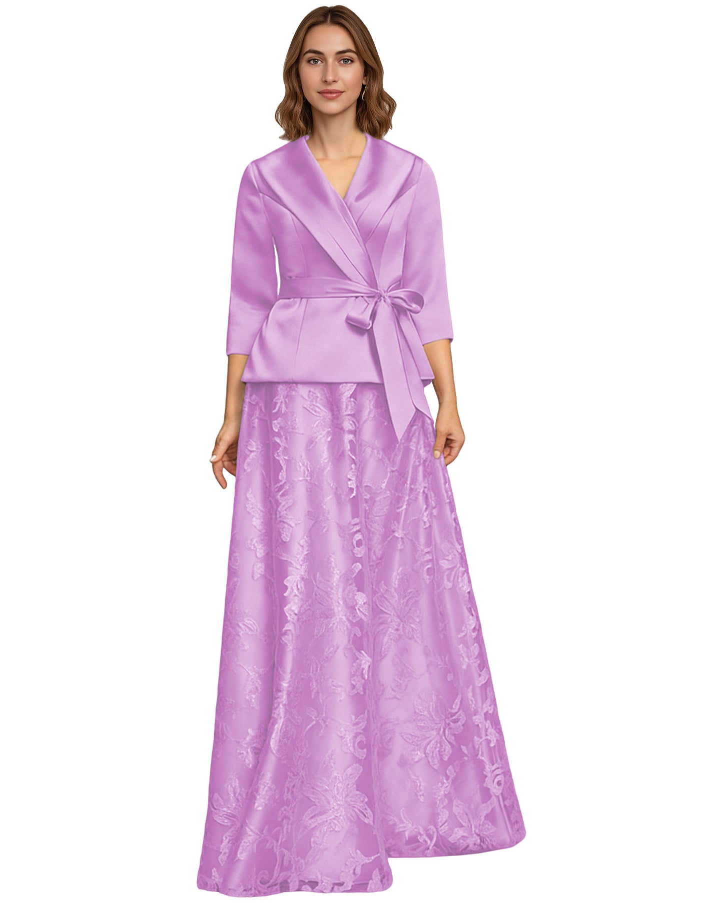 Two Piece Mother of the Bride Dress Satin Wrap Top Embroidered Long Skirt Formal Set