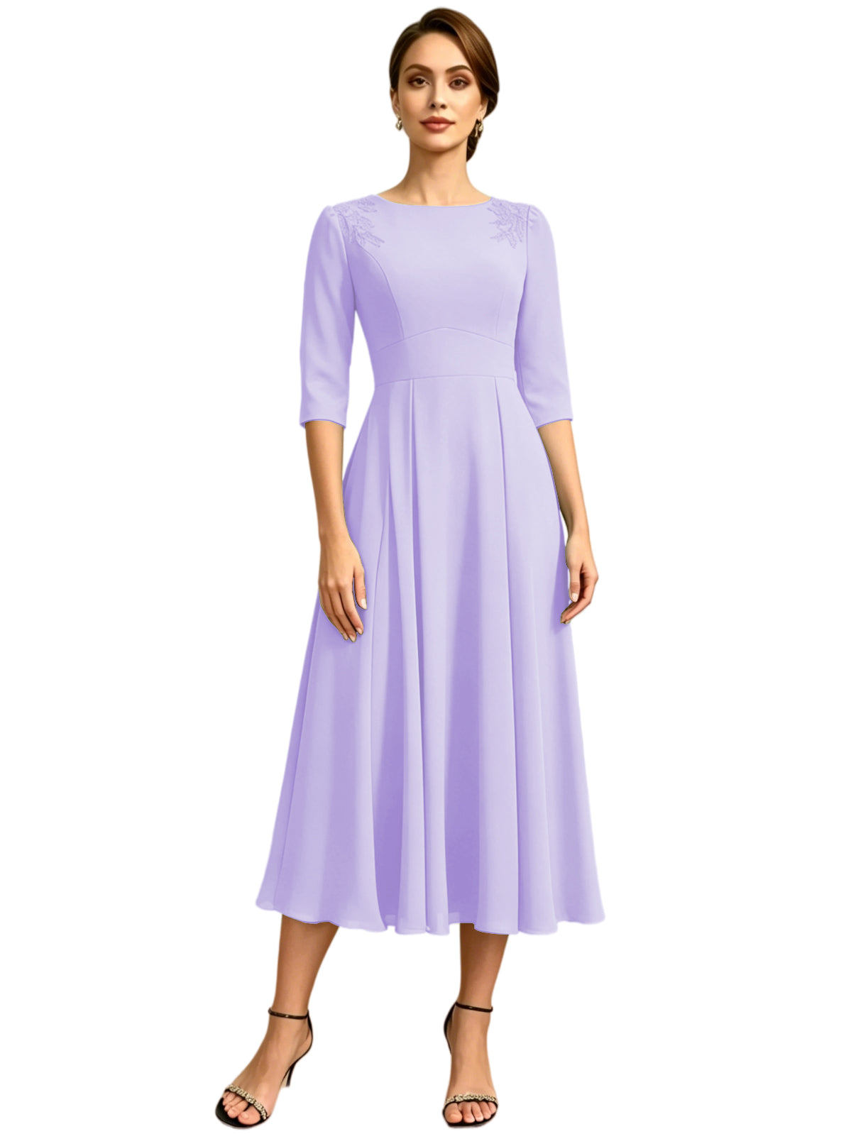 Tea Length Mother of the Bride Dress Jewel Neck Chiffon A-Line Formal Gown with Embroidery