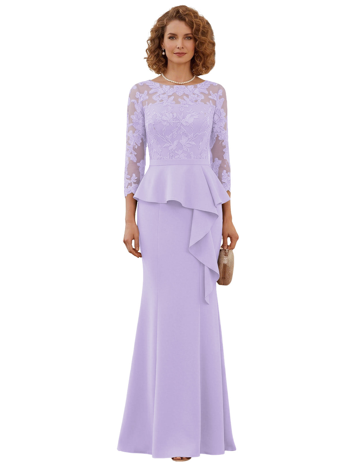 Long Mother of the Bride Dress Lace Illusion Bodice Peplum Mermaid Formal Evening Gown