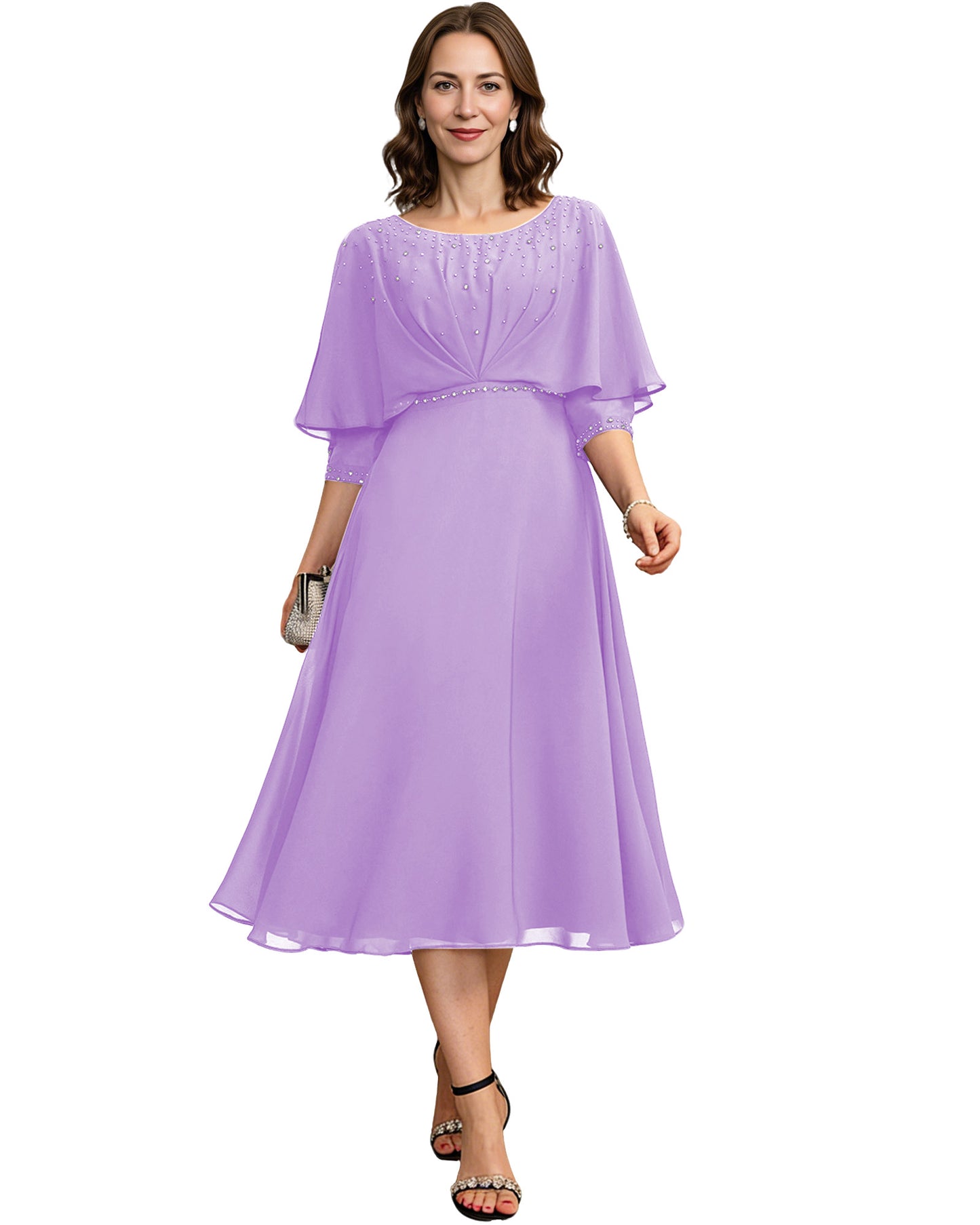 Beaded Cape Mother of the Bride Dress Tea Length Chiffon A-Line Formal Guest Gown