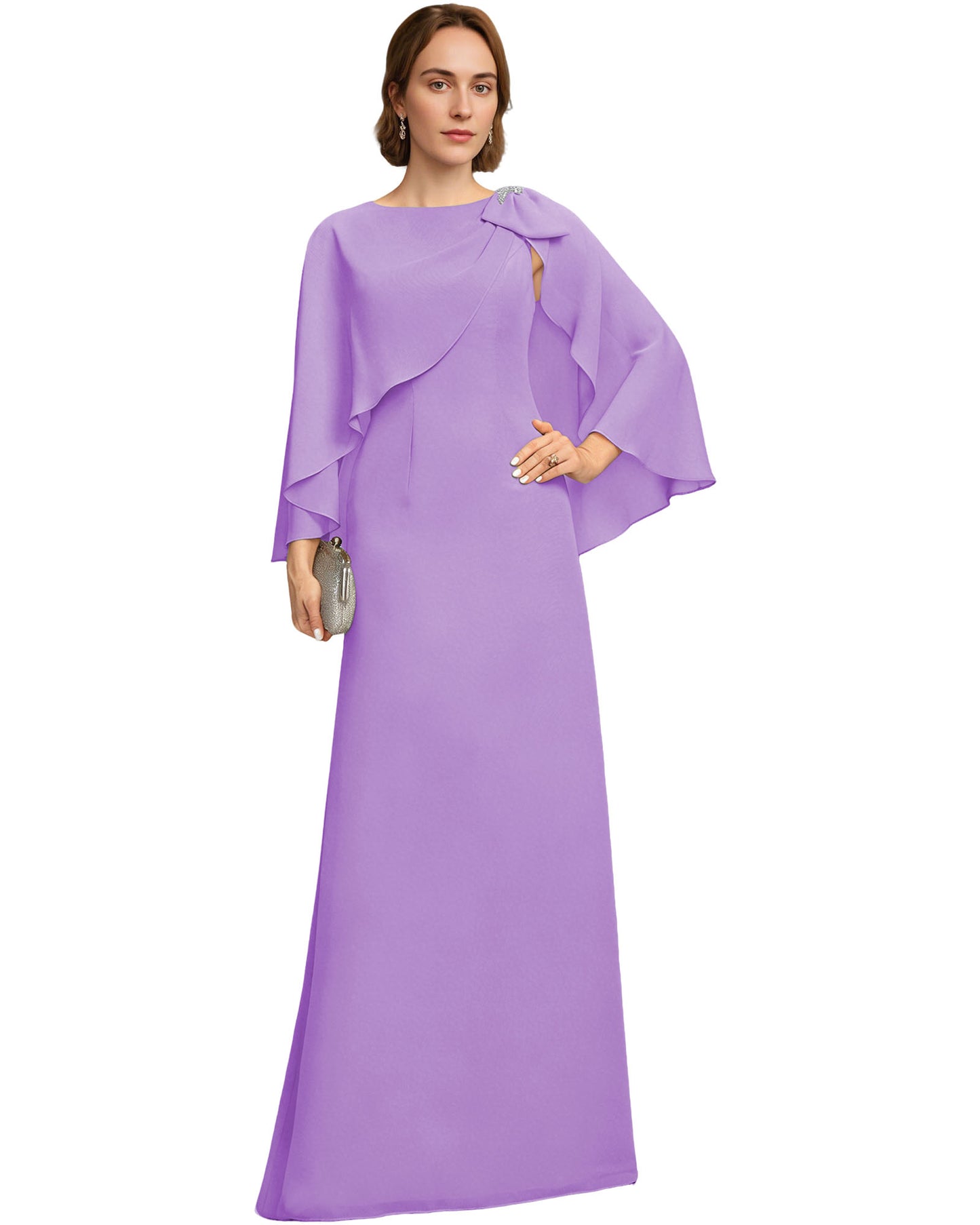 Long Cape Sleeve Mother of the Bride Dress Jewel Neck Chiffon Column Gown with Bow Detail