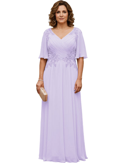 Mother of the Bride Dress Long Chiffon A-Line Gown with Flutter Sleeves and Beaded Lace