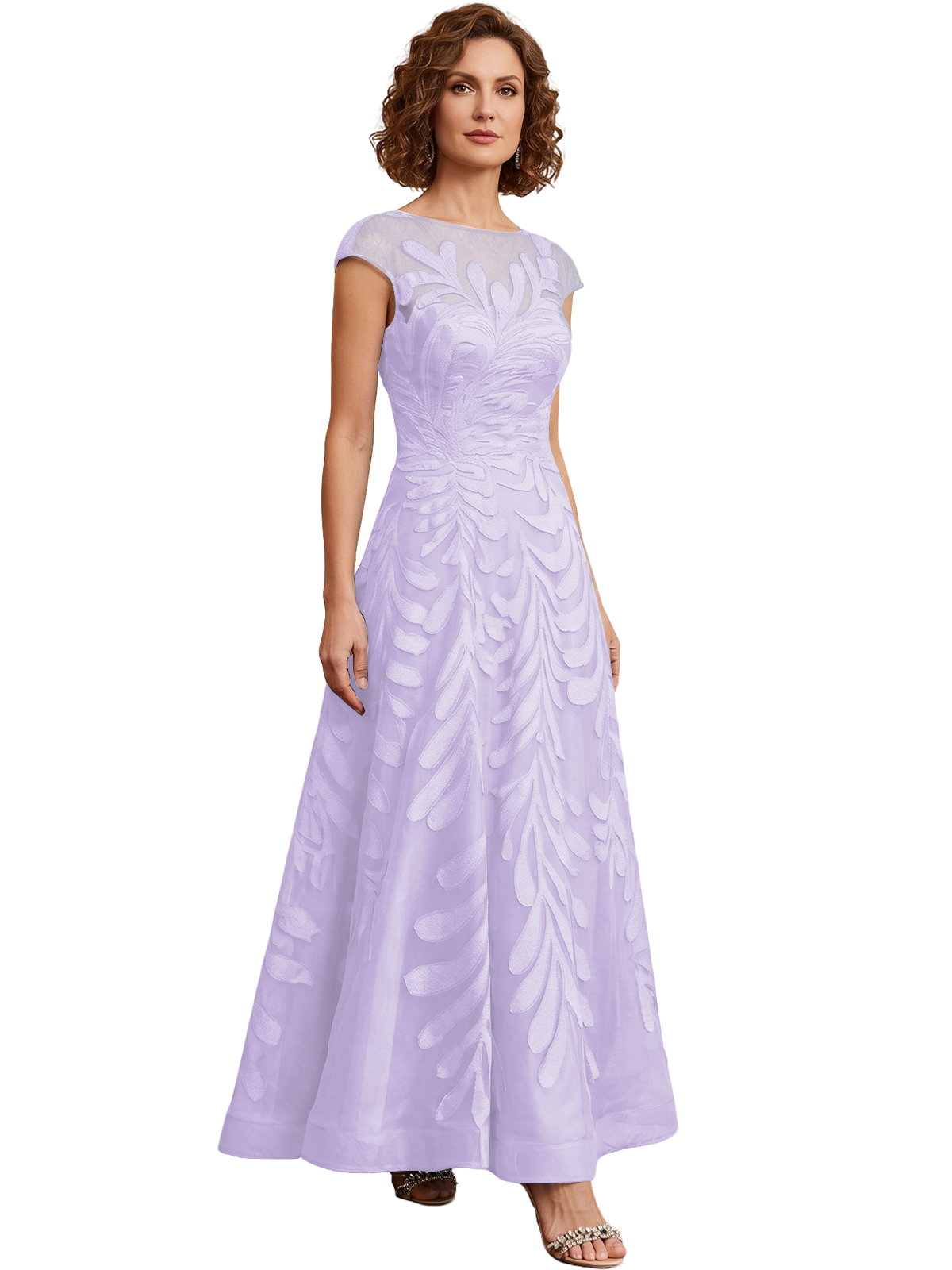 Embroidered Tulle Mother of the Bride Dress Long A-Line Gown with Illusion Cap Sleeves