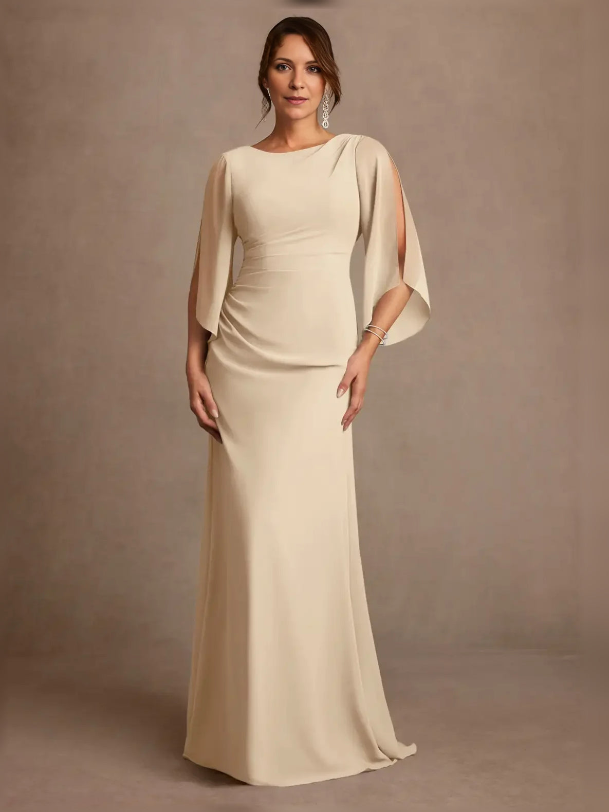 Draped Boat Neck A-Line Floor-Length Chiffon Mother of the Bride Dress for Wedding Ceremony