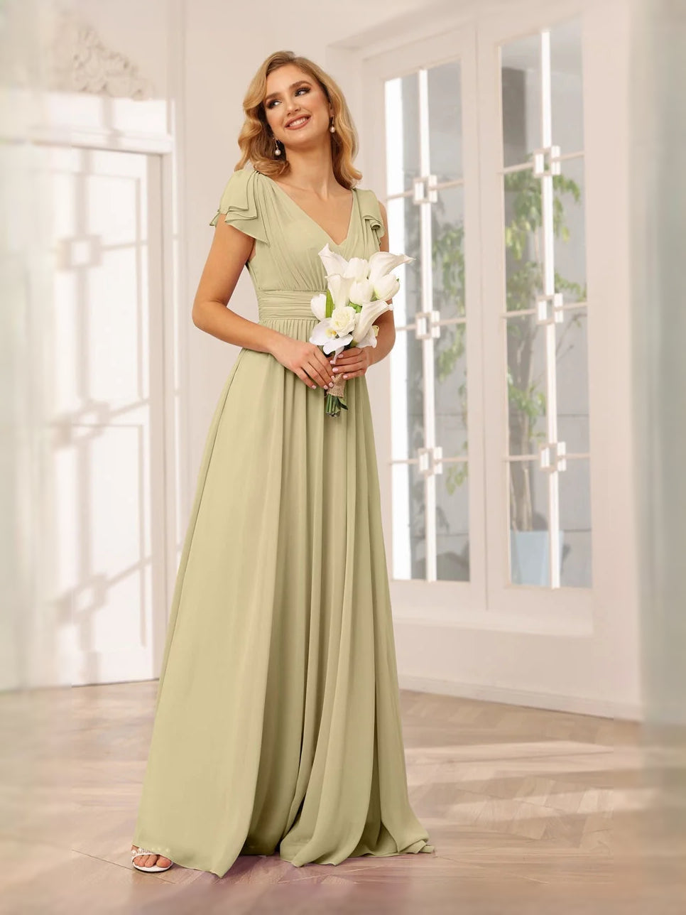V Neck A-Line Floor-Length Chiffon Bridesmaid Dress for Bridal Party