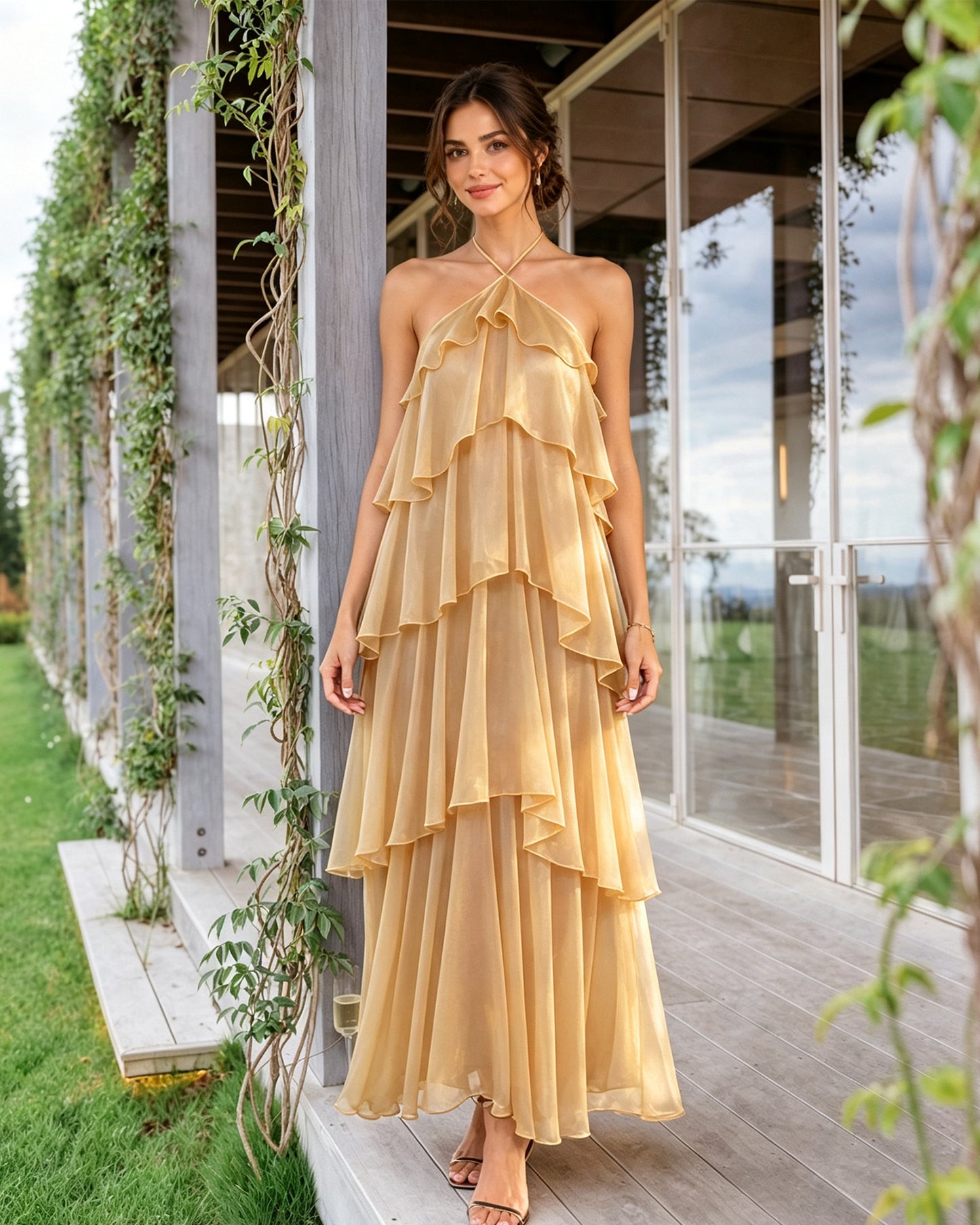 Halter Neck Tiered Chiffon Bridesmaid Dress with Ruffle Overlay