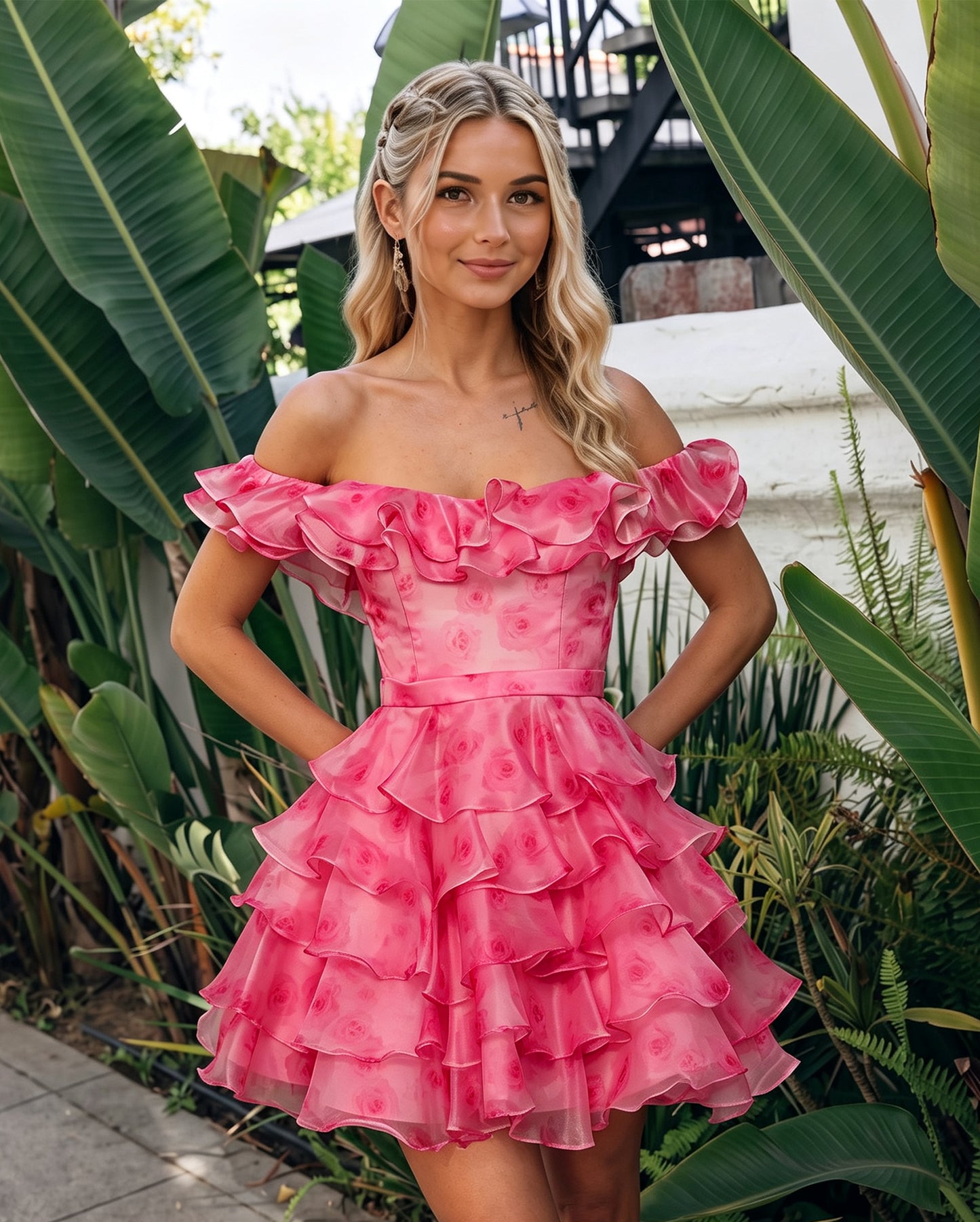 Off-Shoulder 3D Floral Ruffle A-Line Mini Homecoming Dress