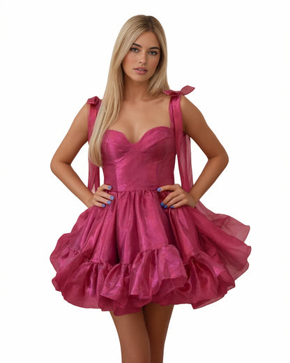 Bow Shoulder Satin Corset Ruffle Homecoming Dress