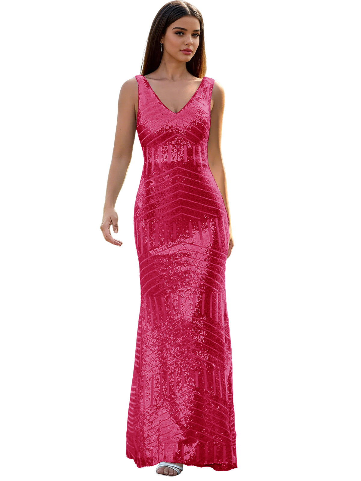 V-Neck Sequin Column Prom Dress with Beaded Waist and Low Back