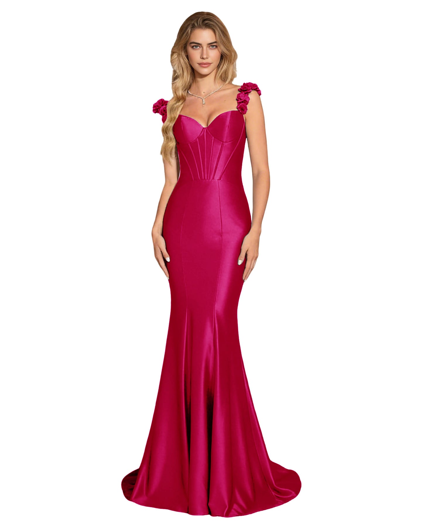 Floral Strap Satin Mermaid Prom Dress with Corset Bodice and Sweep Train