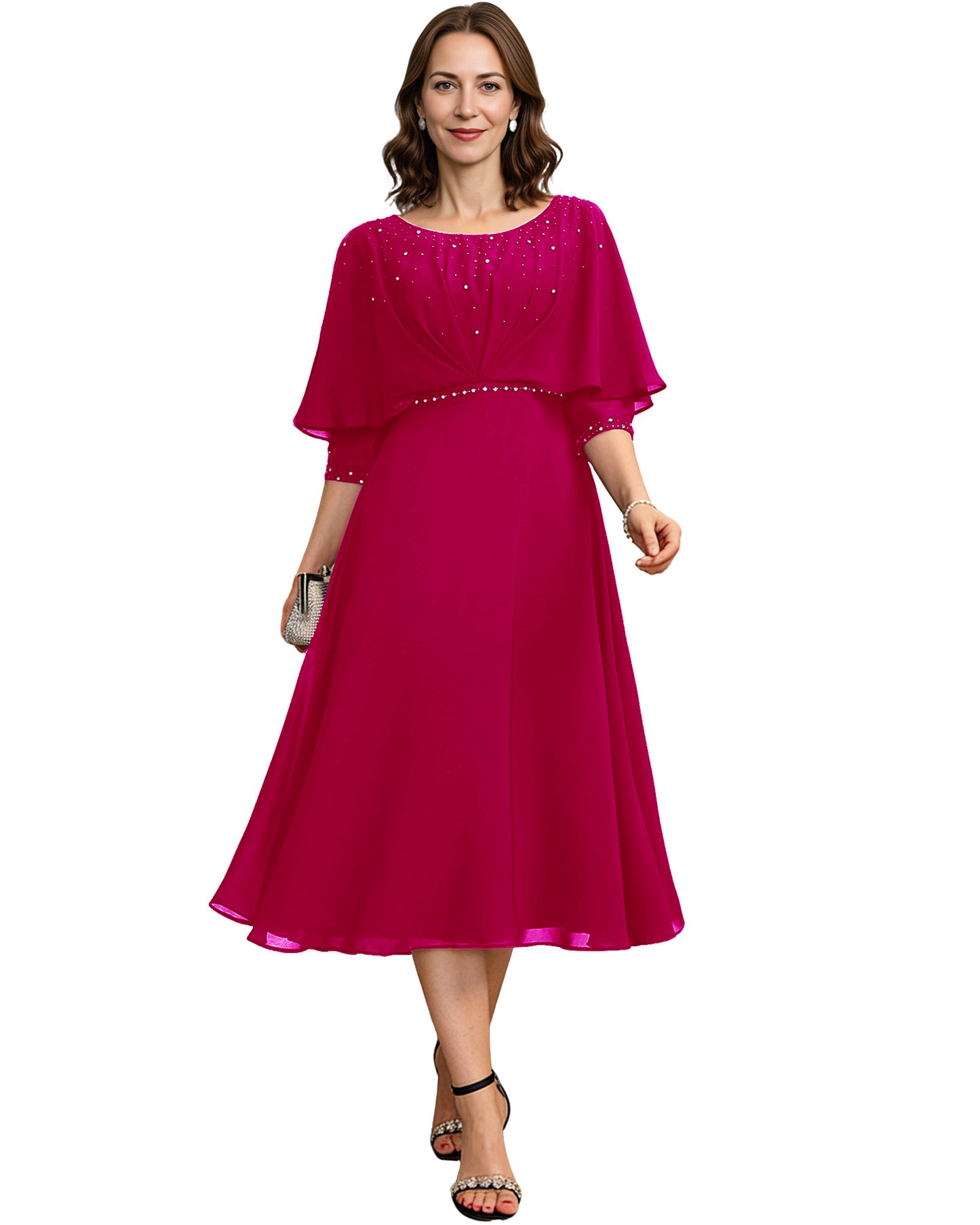 Beaded Cape Mother of the Bride Dress Tea Length Chiffon A-Line Formal Guest Gown