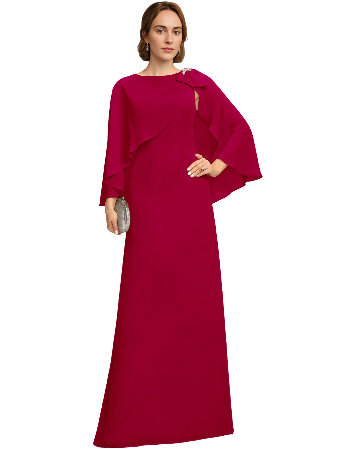 Long Cape Sleeve Mother of the Bride Dress Jewel Neck Chiffon Column Gown with Bow Detail