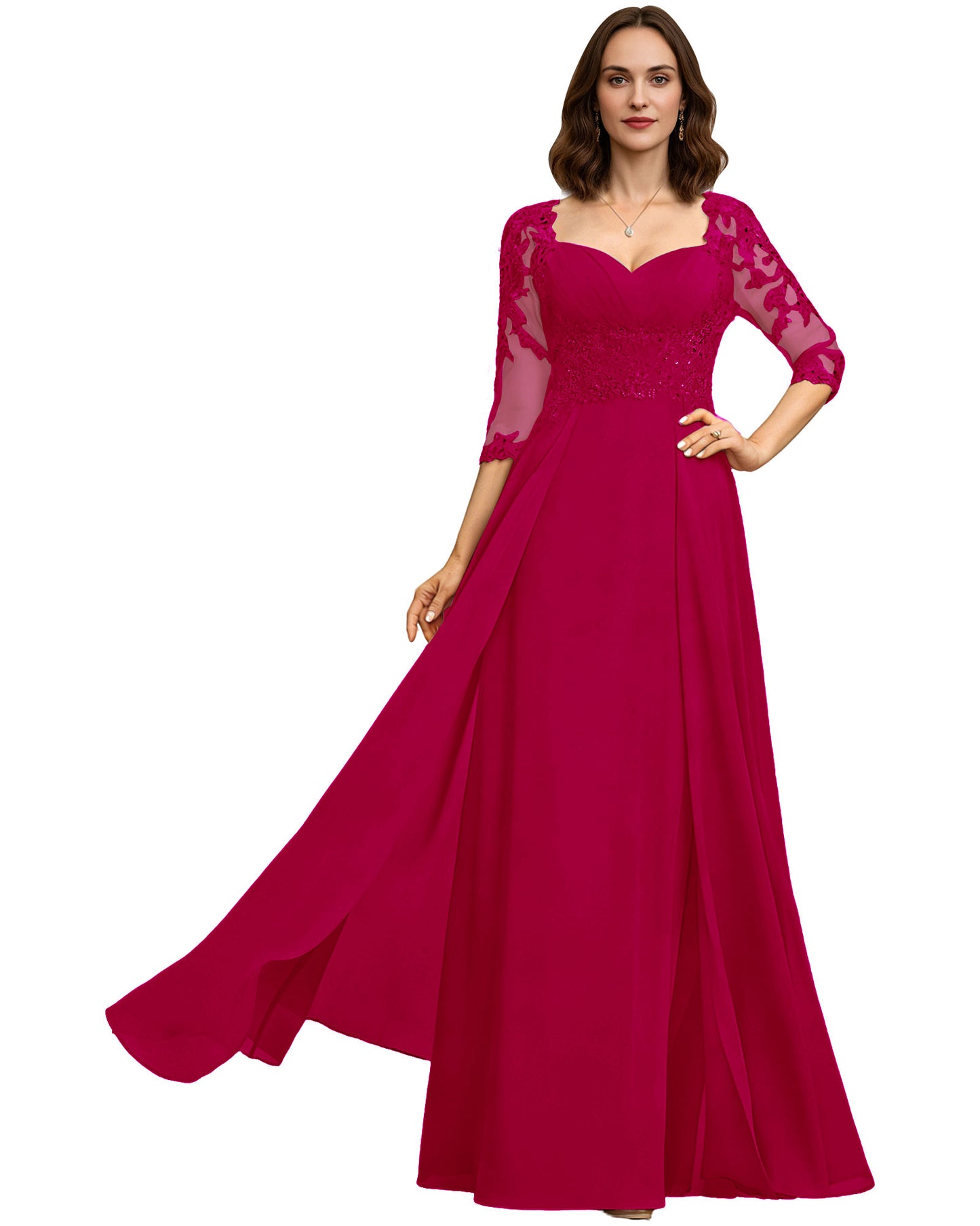 Long Sweetheart Mother of the Bride Dress Lace 3/4 Sleeve Chiffon A-Line Gown