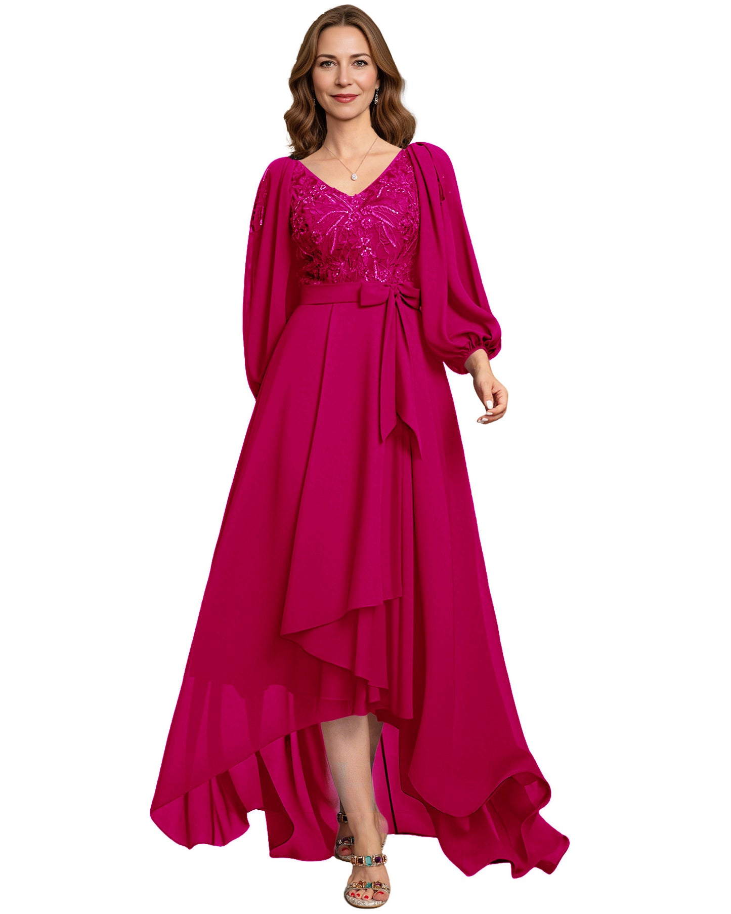 High Low Mother of the Bride Dress Lace Bodice Chiffon Jacket Formal Wedding Gown