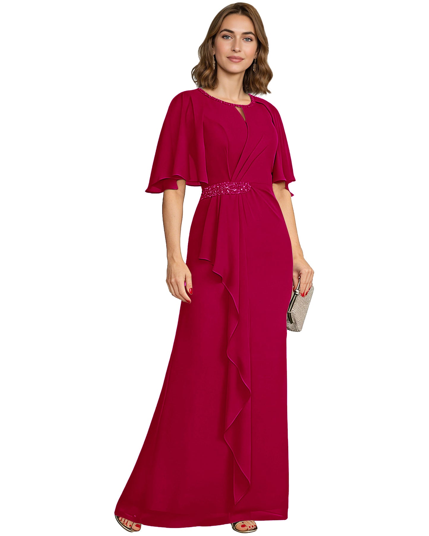 Long Mother of the Bride Dress Chiffon Flutter Sleeve Beaded Waist Formal A-Line Gown