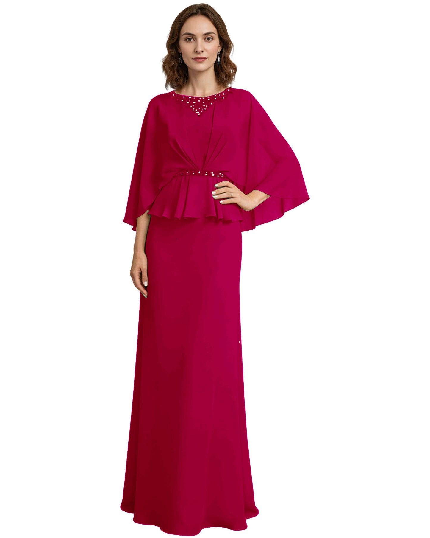 Capelet Mother of the Bride Dress Long Beaded Neck Peplum Chiffon Formal Gown