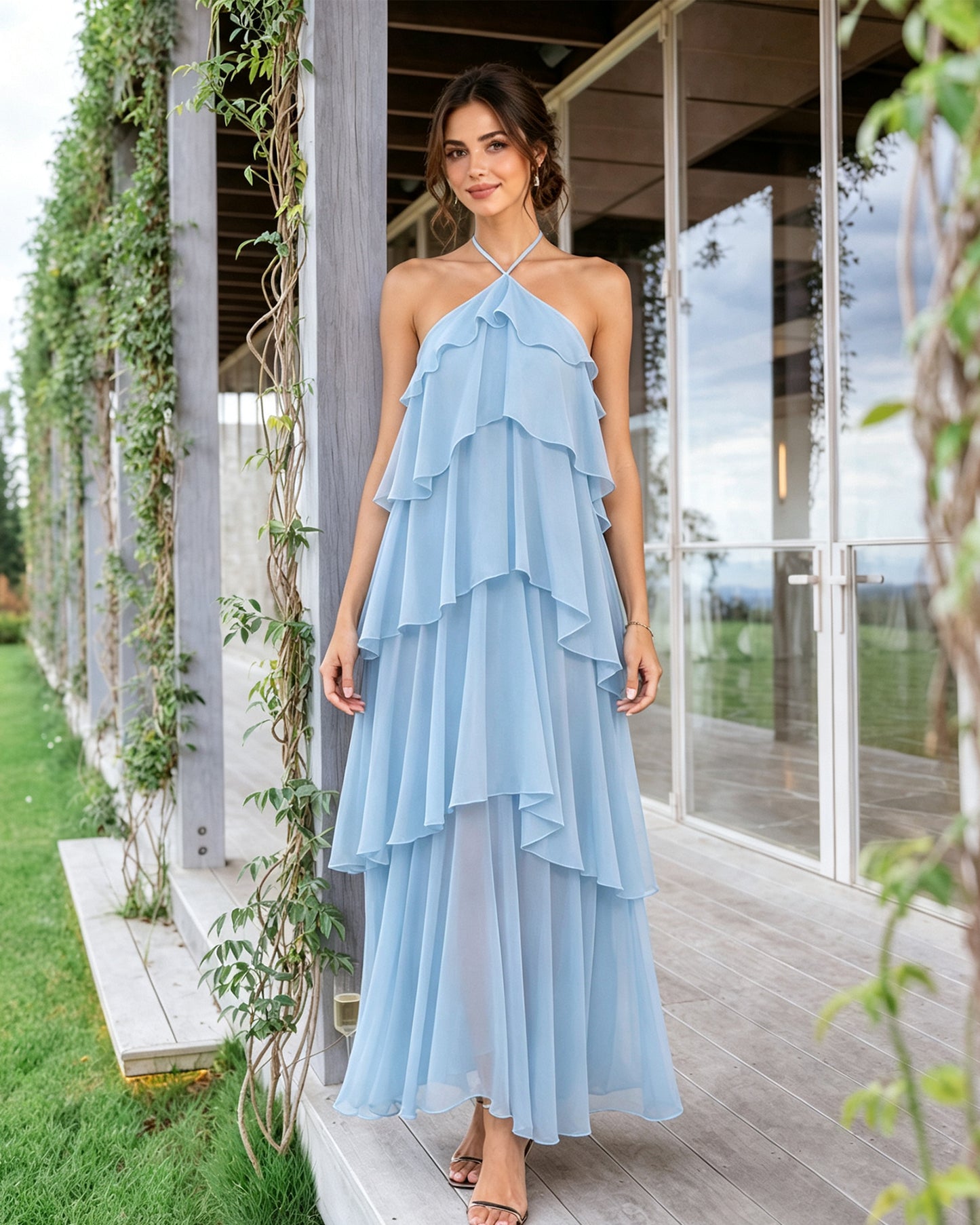 Halter Neck Tiered Chiffon Bridesmaid Dress with Ruffle Overlay