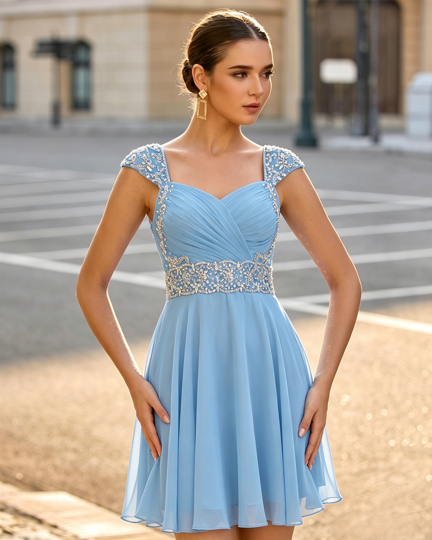 Sweetheart Ruched Chiffon Short Homecoming Dress with Beaded Cap Sleeves