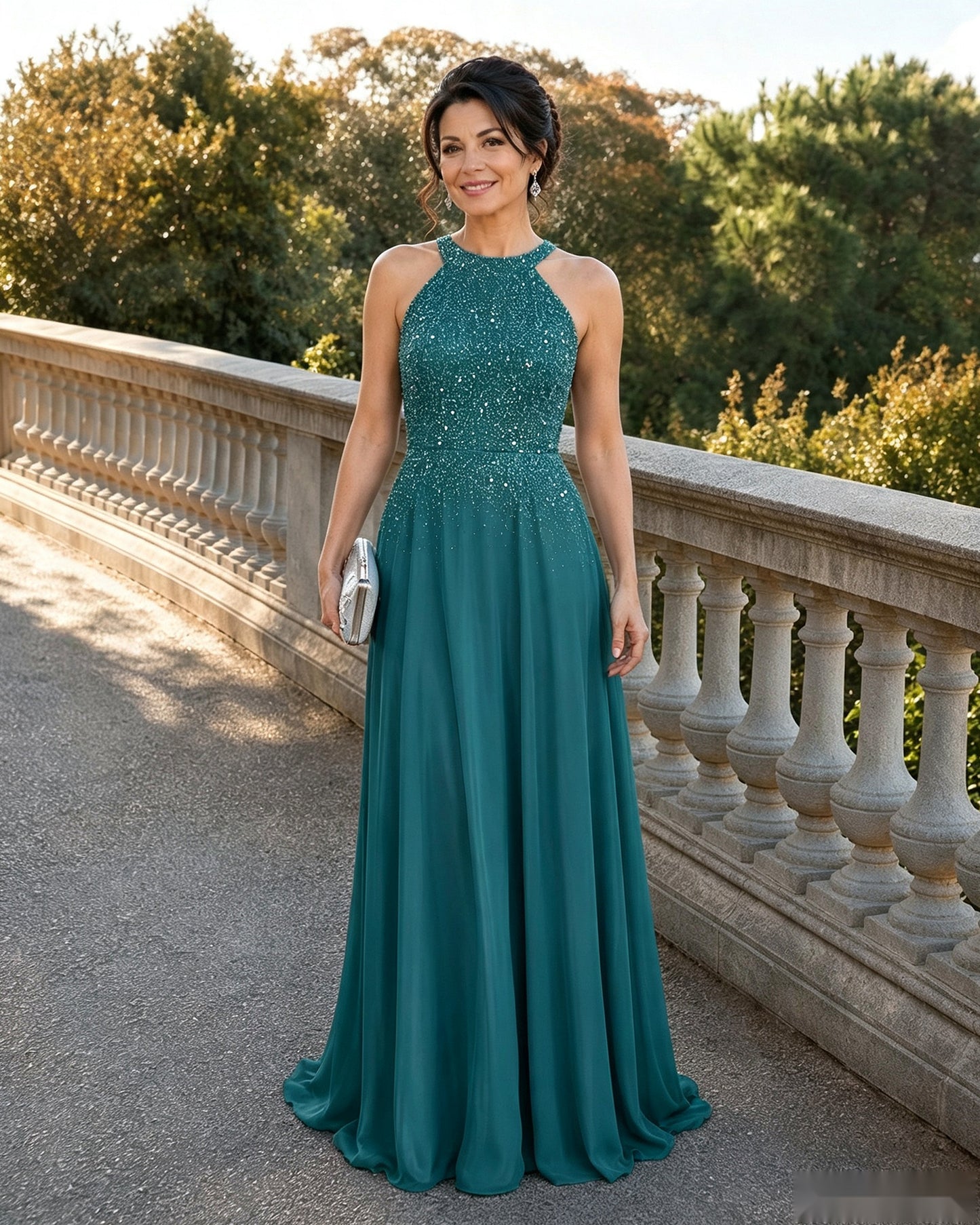 Halter Neck Sequin Chiffon A-Line Mother of the Bride Dress