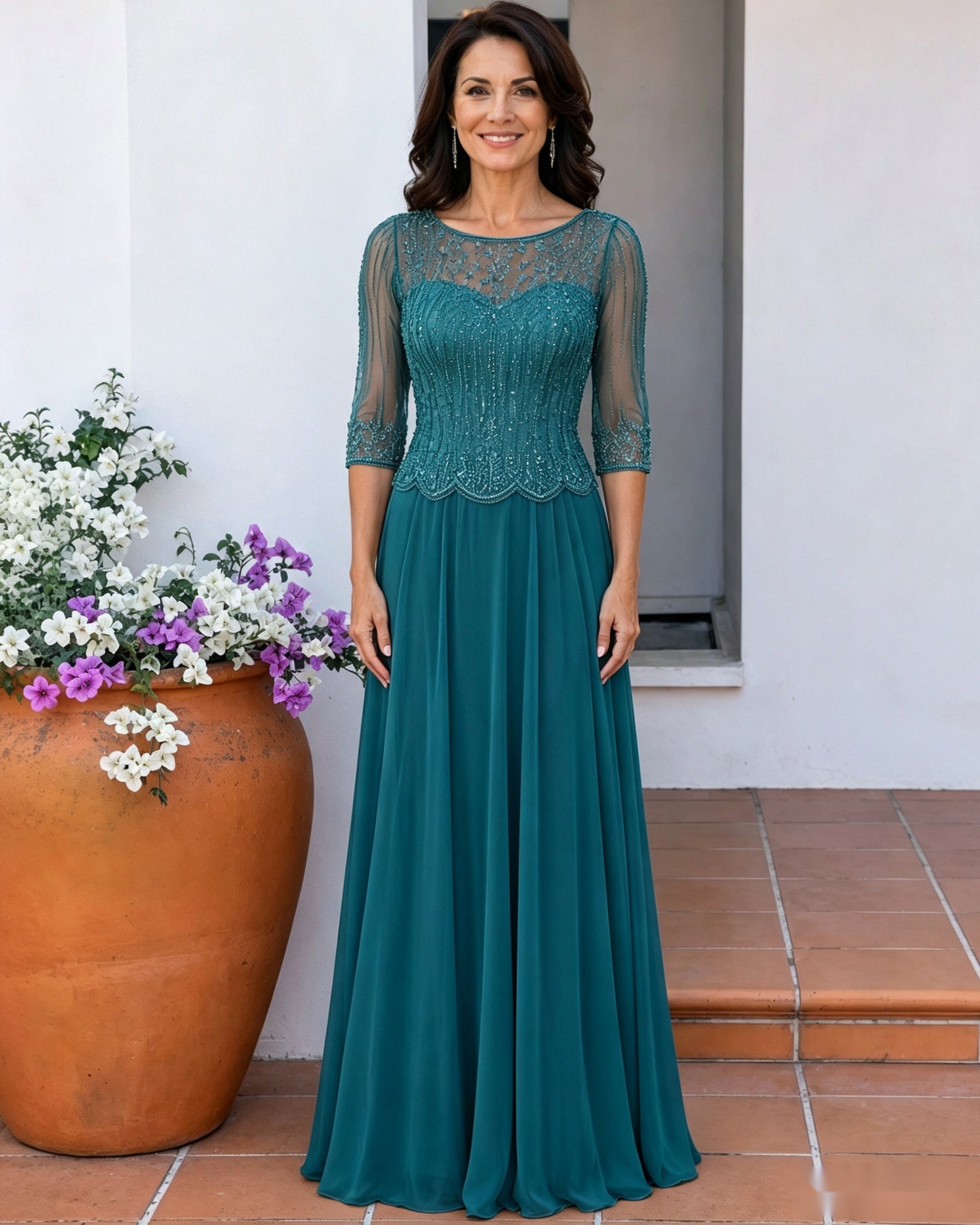 Illusion Lace Three-Quarter Sleeve A-Line Mother of the Bride Dress