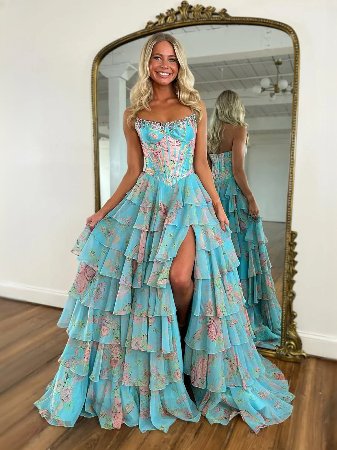 Corset Tiered Floral Ruffled Slit Sweetheart A-Line Maxi Chiffon Prom Dress for Red Carpet Event