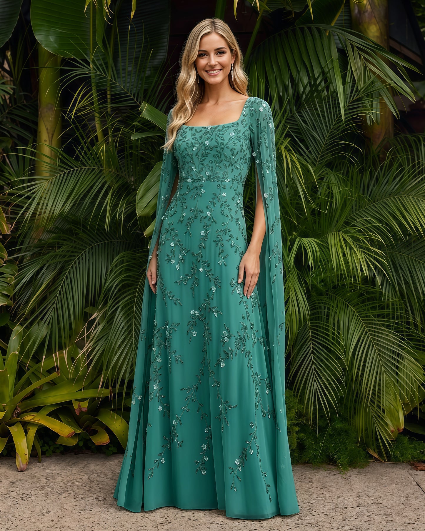 Square-Neck Long-Sleeve Lace A-Line Formal Dress