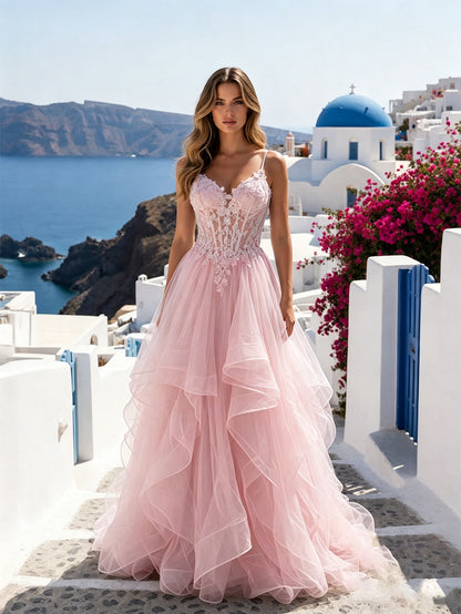 Spaghetti Strap Lace Corset Tulle Prom Dress with Ruffle Skirt