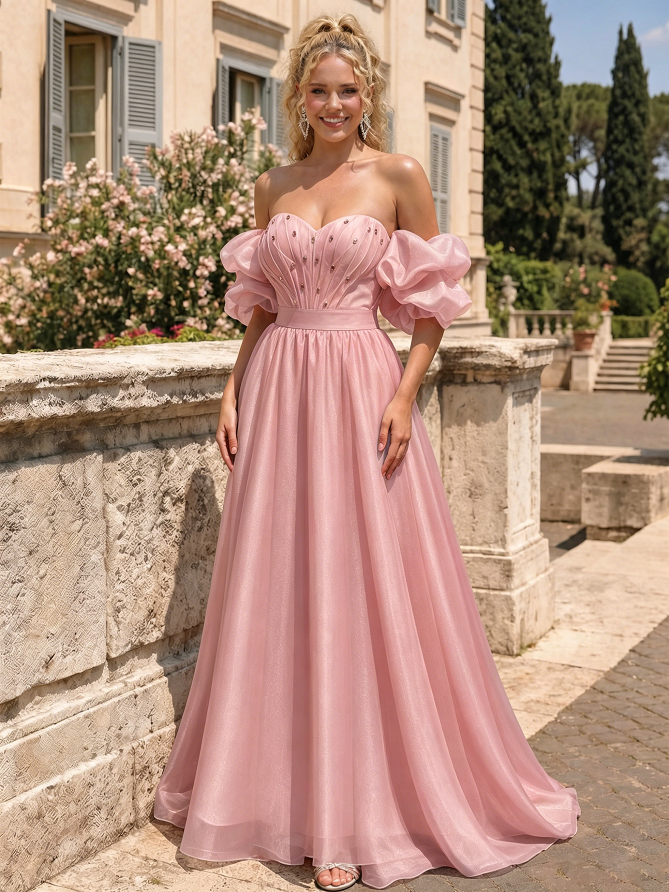 Off The Shoulder Sweetheart A-Line Prom Dress with Puff Sleeves