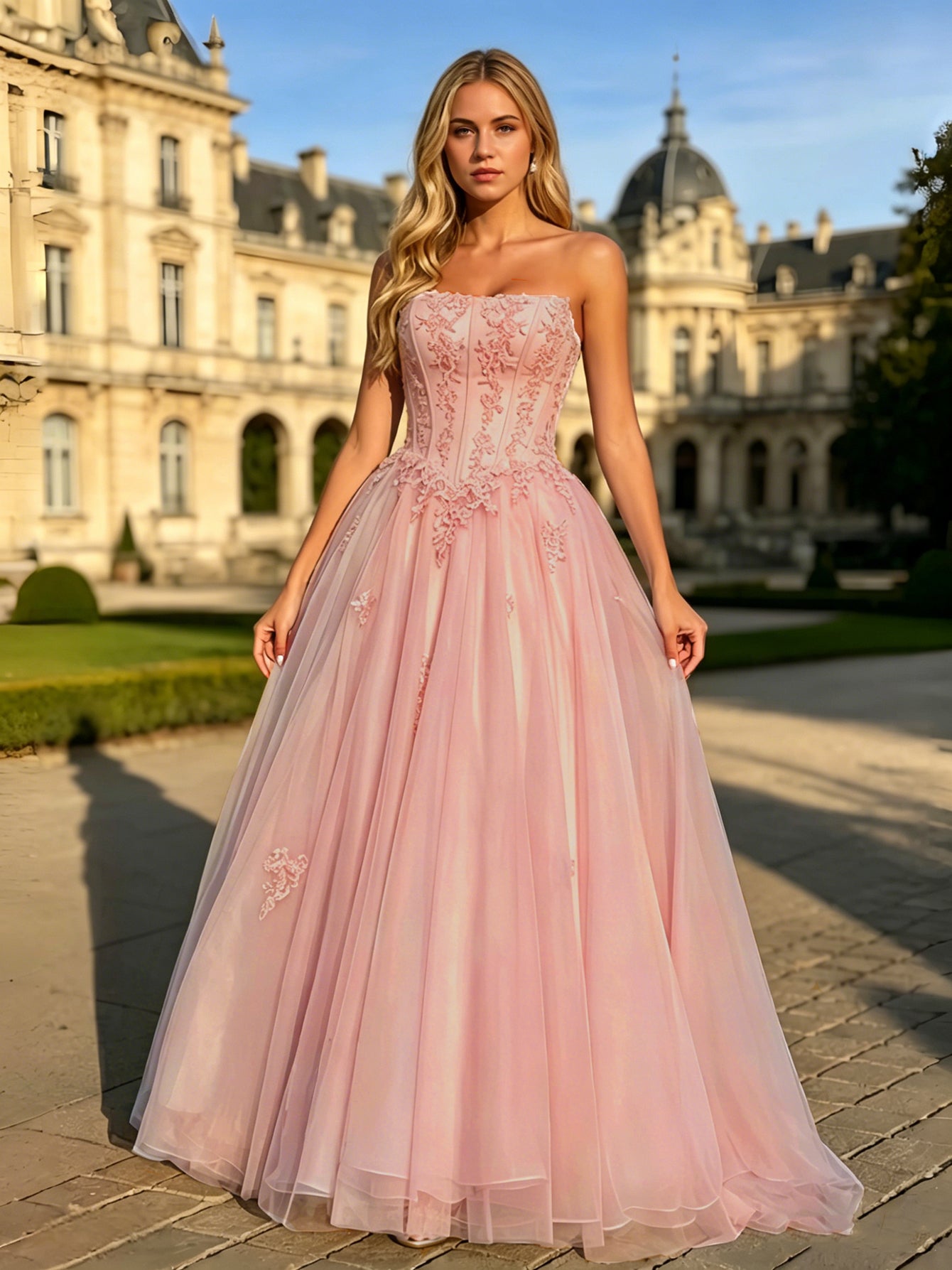Strapless Lace Corset Ball Gown with Tulle A-Line Skirt