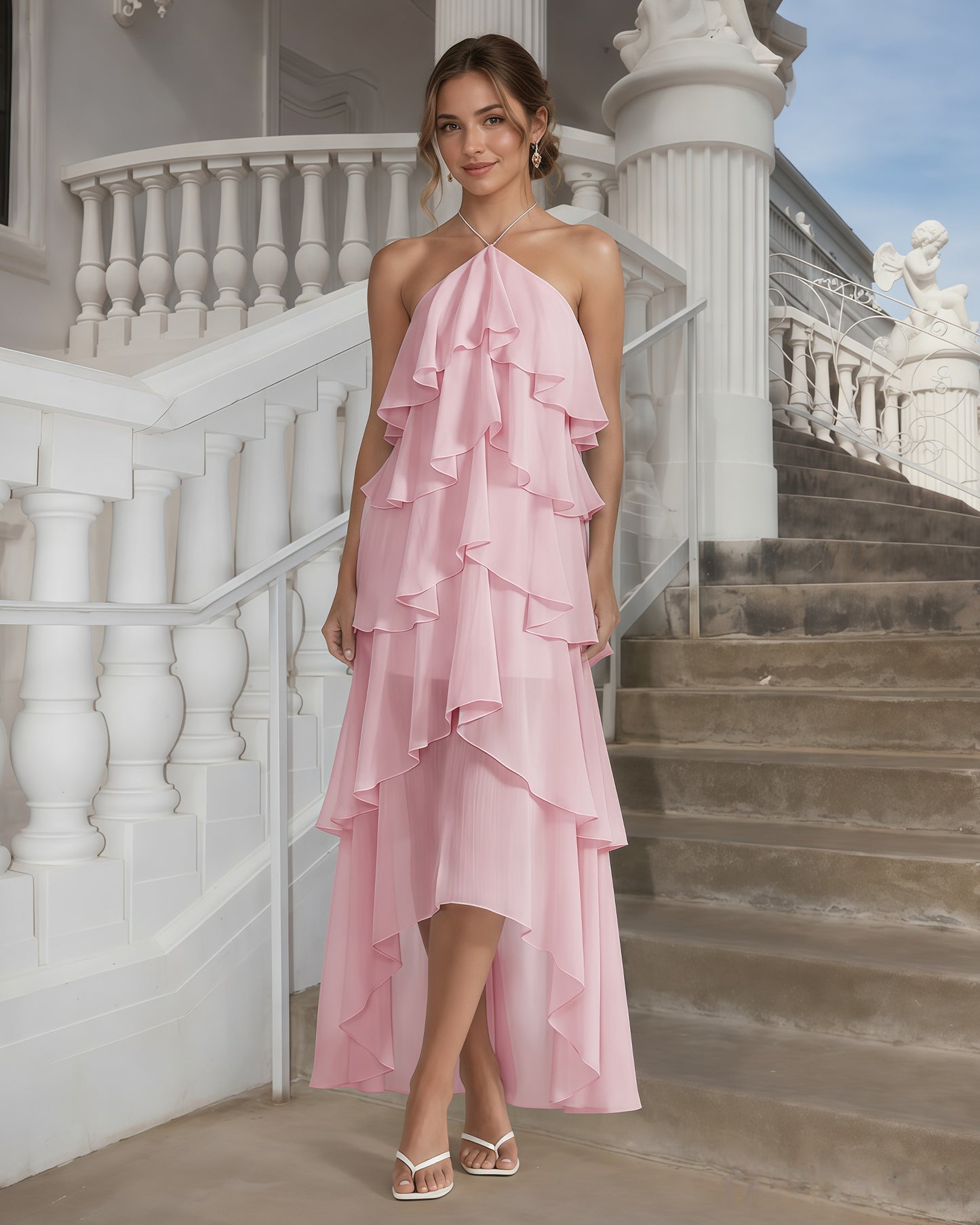 One-Shoulder Tiered Ruffle High-Low Chiffon Formal Dress