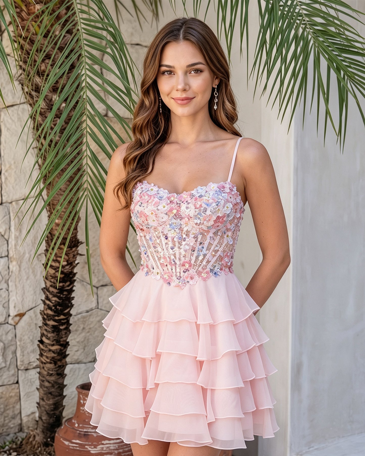 Spaghetti Strap Floral Embroidered Corset Ruffle Mini Homecoming Dress