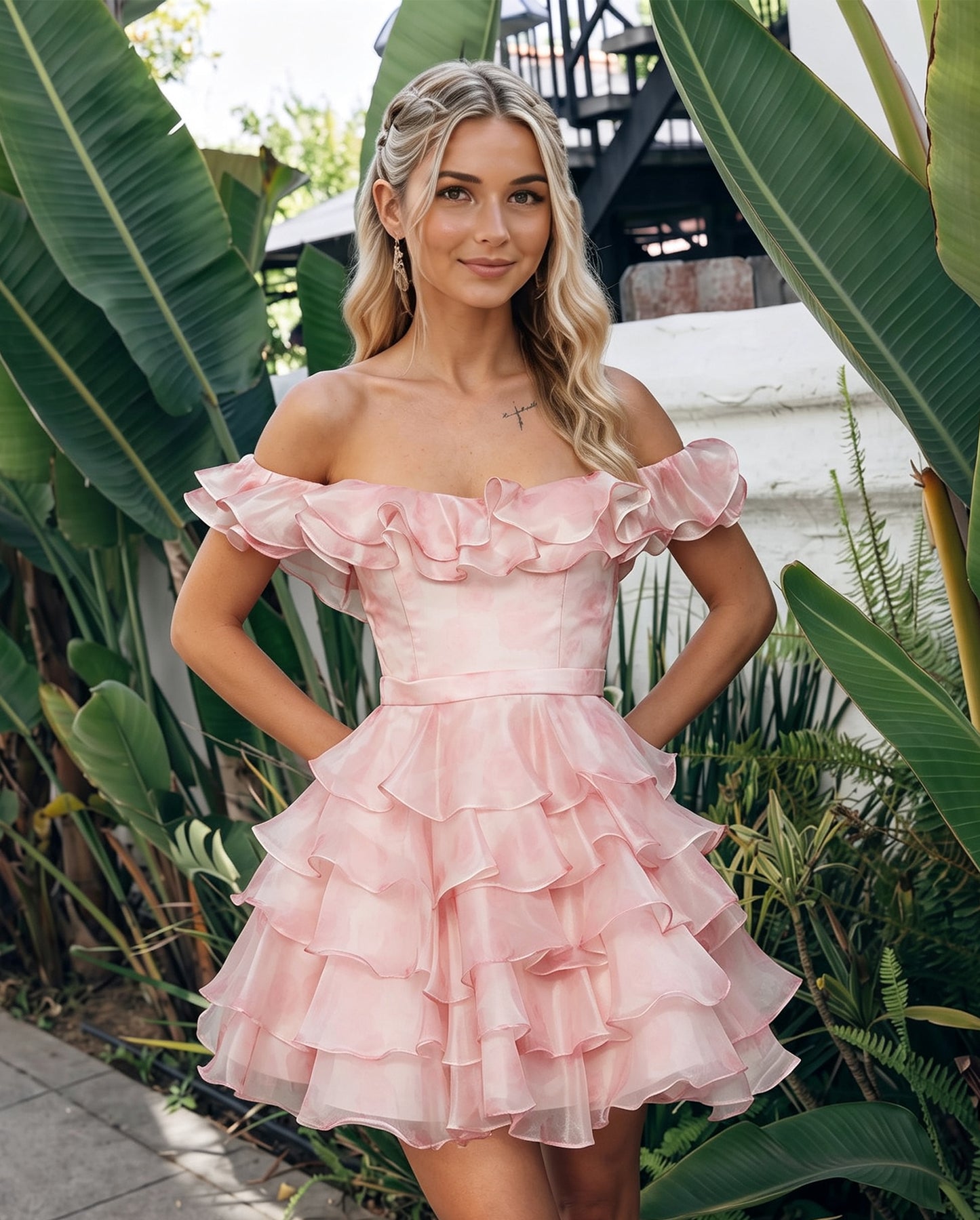 Off-Shoulder 3D Floral Ruffle A-Line Mini Homecoming Dress