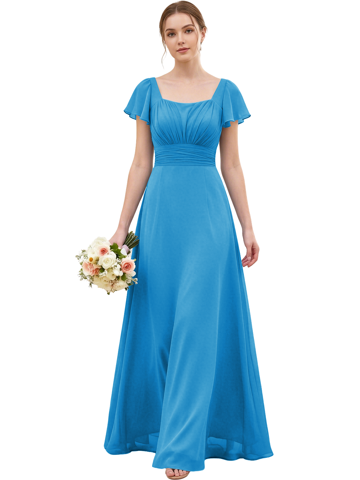 Square Neck Chiffon Bridesmaid Dress with Flutter Sleeves and Lace-Up Back