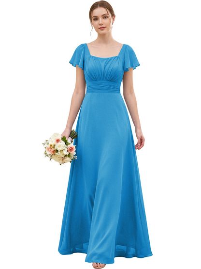 Square Neck Chiffon Bridesmaid Dress with Flutter Sleeves and Lace-Up Back