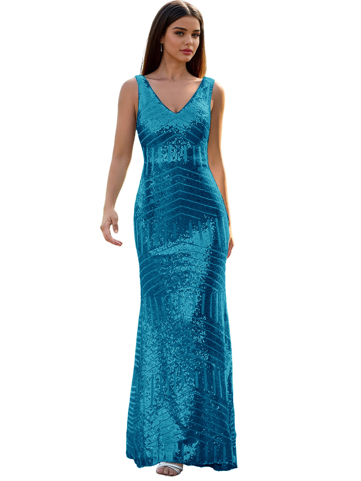 V-Neck Sequin Column Prom Dress with Beaded Waist and Low Back