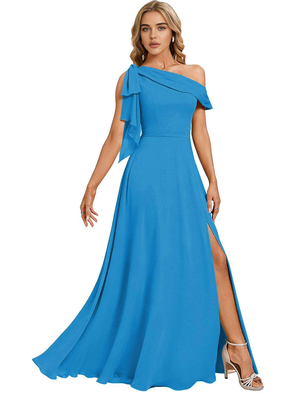 Asymmetric Off Shoulder Bridesmaid Dress with Draped Sleeve and Slit