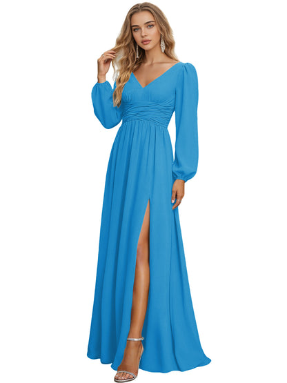 Long Sleeve V-Neck Chiffon Bridesmaid Dress with Front Slit