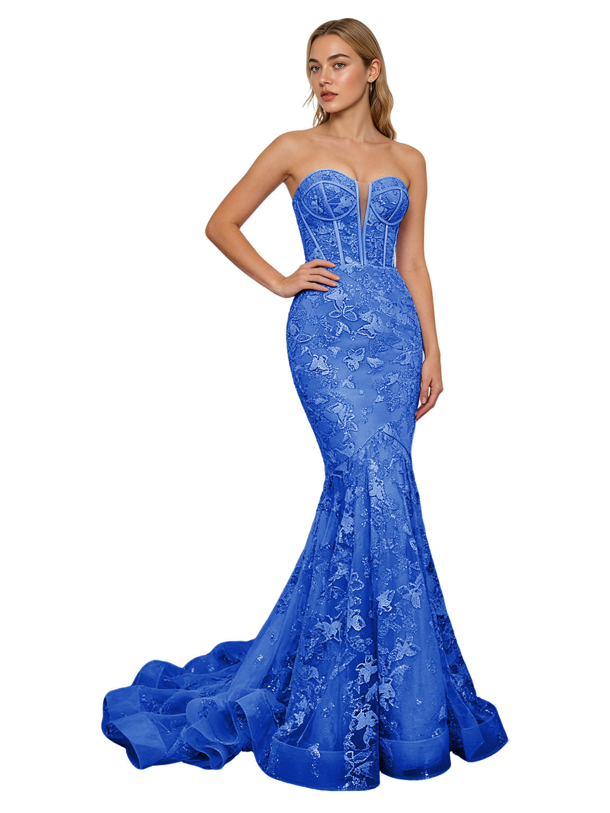 Strapless Lavender Lace Mermaid Prom Dress with Sheer Corset and Train