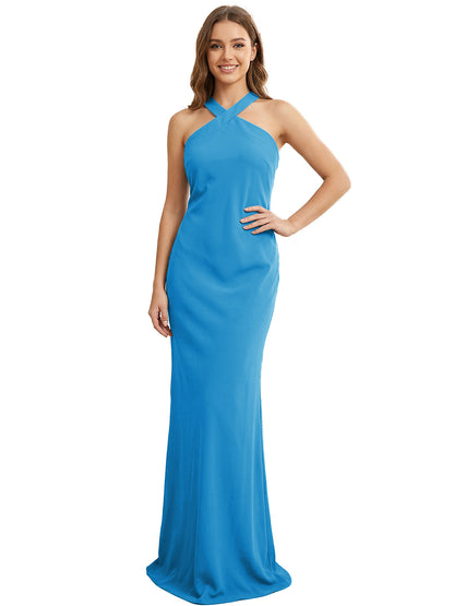 High Neck Halter Bridesmaid Dress with Sleek Column Silhouette