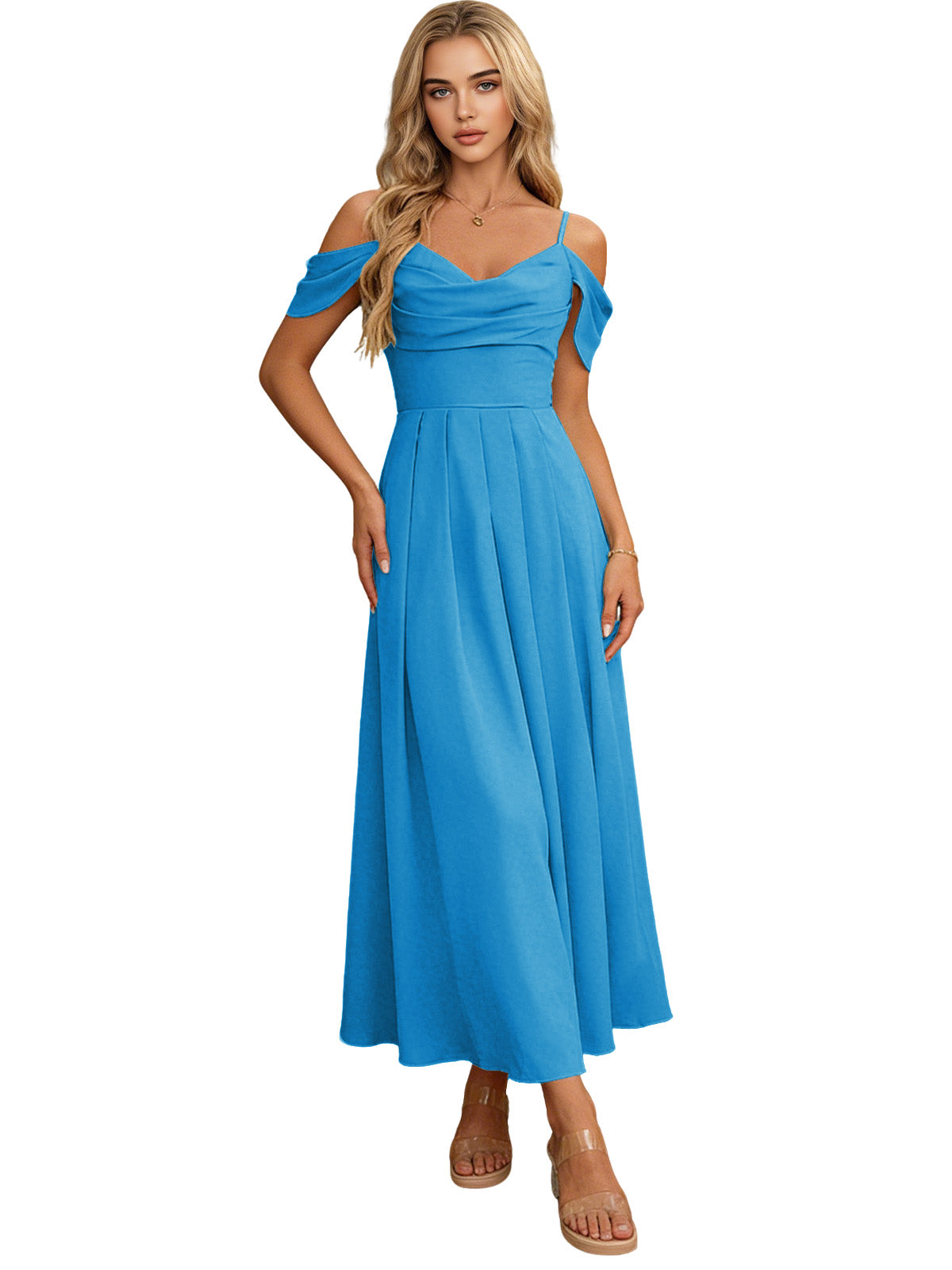 Off Shoulder Midi Bridesmaid Dress with Pleated Bodice and Flowing dress