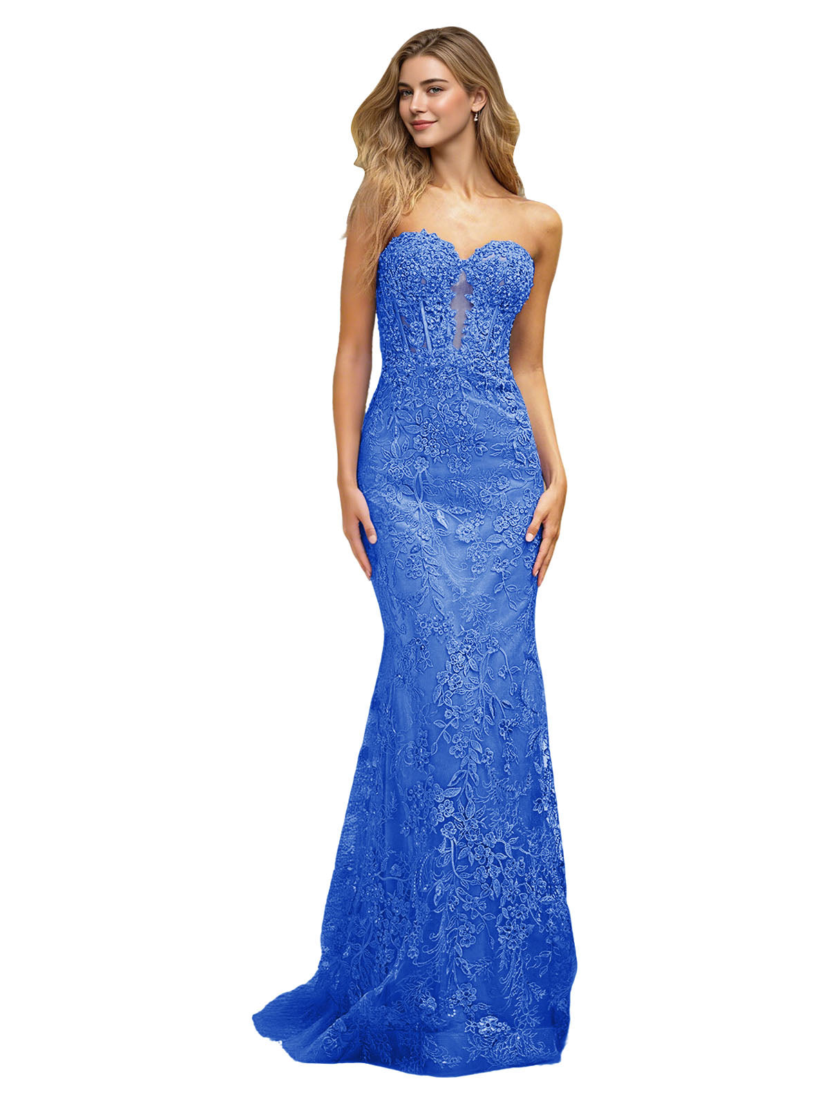 Strapless Floral Lace Mermaid Prom Dress with Sparkle Applique and Train