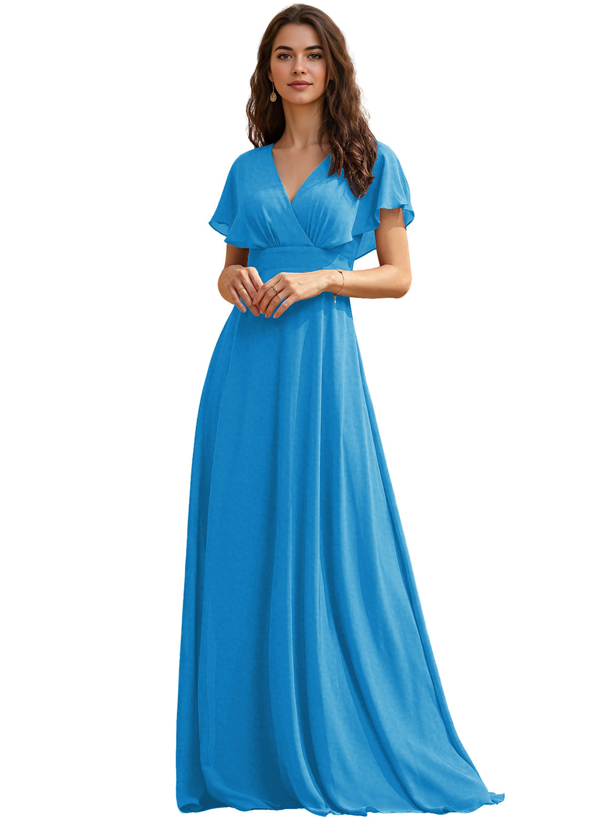 Flutter Sleeve V-Neck Chiffon Bridesmaid Dress with Flowing dress