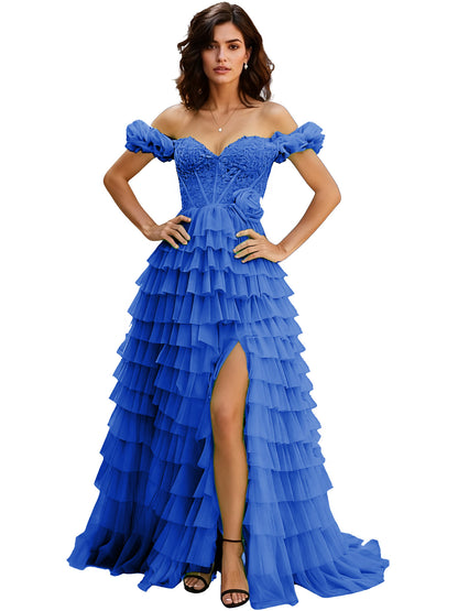 Off Shoulder Tulle Ball Gown Prom Dress with Ruffle Sleeves and Slit