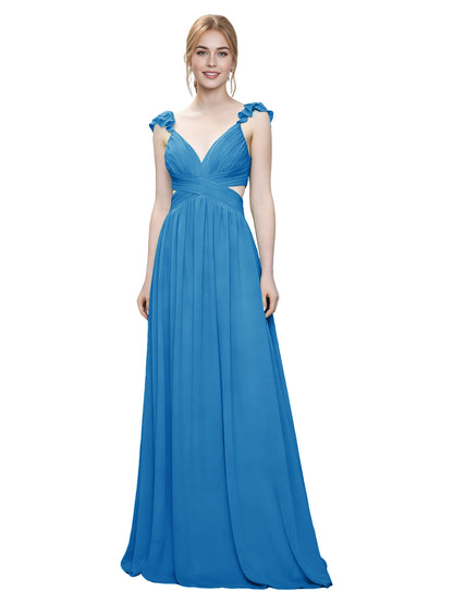 Ruffle Strap V-Neck Tulle Bridesmaid Dress with Pleated Waist