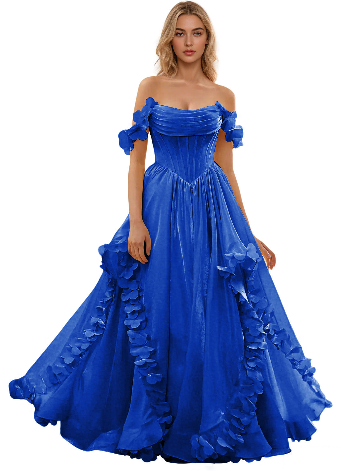 Off Shoulder Ruffle Tulle Ball Gown Prom Dress with Floral Applique