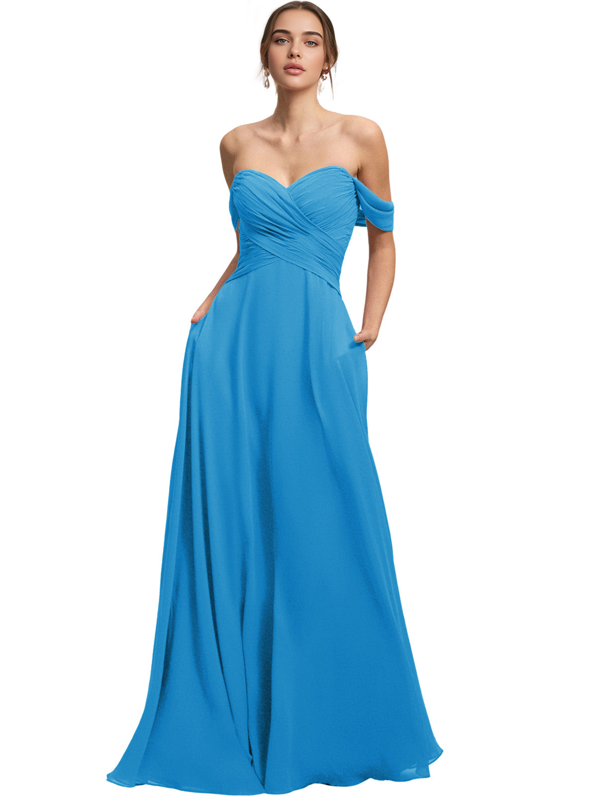 Off Shoulder Chiffon Bridesmaid Dress with Draped Bodice and A-Line Dress